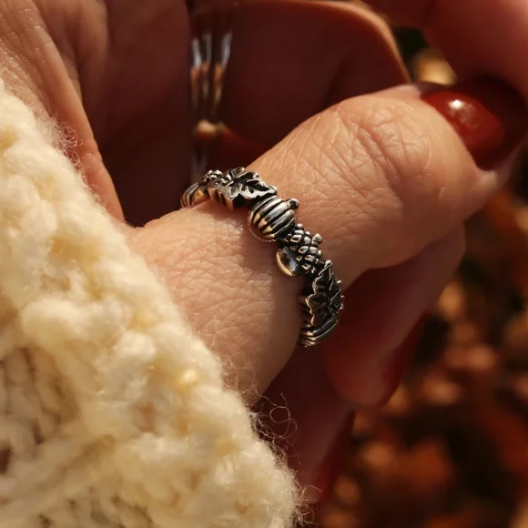 Dixi Autumn Is Calling Pumpkin & Acorn Boho Wreath Ring Sterling Silver - Picture 7 of 12
